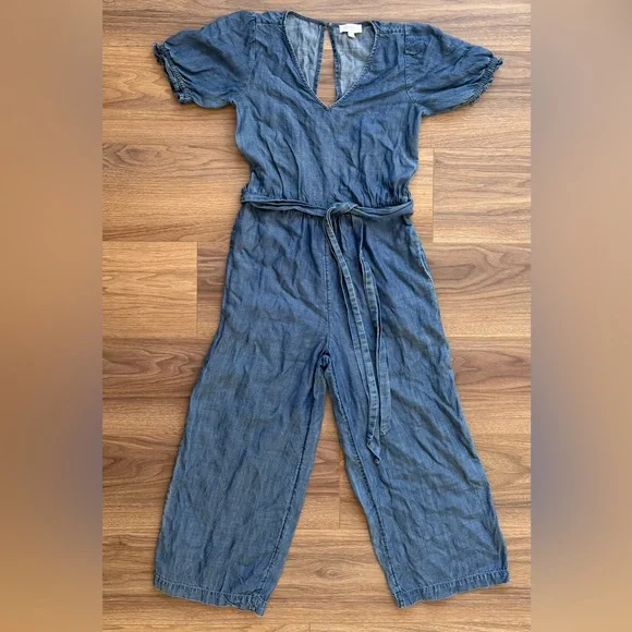Lightweight Chambray Jumpsuit Tie-Waist Wide Leg Loft Size XS Denim Minimalist - Picture 3 of 11